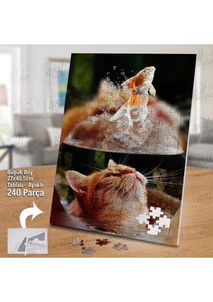 Asil Hobi Sevimli Kedi - Balık -Fanus Yapboz - Ayak Destekli Çerçeveli 240 Parça Puzzle fiyatları