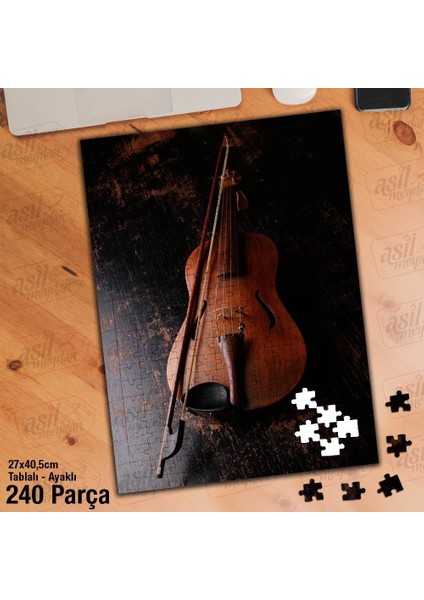 Asil Hobi Tahta Zemin Üzerinde Keman - Müzik Yapboz - Ayak Destekli Çerçeveli 240 Parça Puzzle