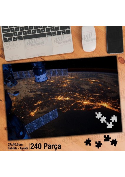 Asil Hobi Uydu - Dünya - Gezegen- Işıklar Yapboz - Ayak Destekli Çerçeveli 240 Parça Puzzle