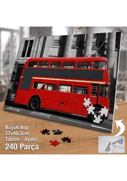 Asil Hobi Gri Zeminde Evler - Kırmızı Otobüs Yapboz -Ayak Destekli Çerçeveli 240 Parça Puzzle fiyatları