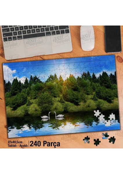 Asil Hobi Ağaçlar - Kuğu - Göl - Manzara - Doğa Yapboz -Ayak Destekli Çerçeveli 240 Parça Puzzle