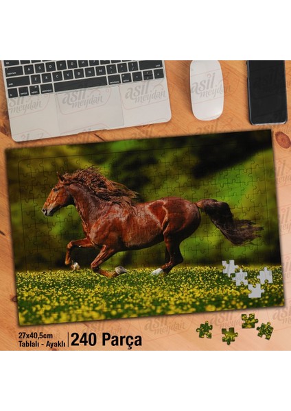 Asil Hobi Koşan Kahverengi At - Sarı Çiçekler Yapboz -Ayak Destekli Çerçeveli 240 Parça Puzzle