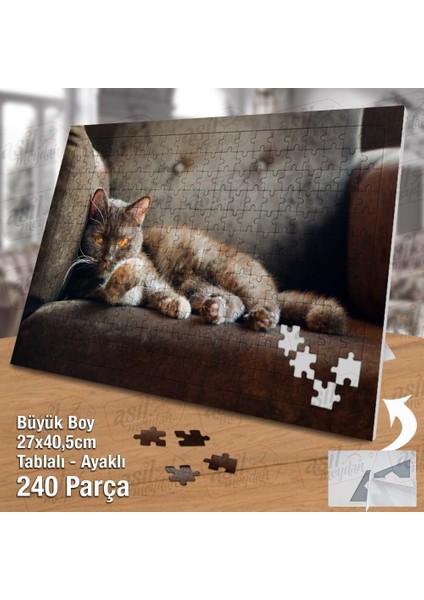 Asil Hobi Koltukta Yatan Kahverengi Kedi -Hayvan Yapboz - Ayak Destekli Çerçeveli 240 Parça Puzzle