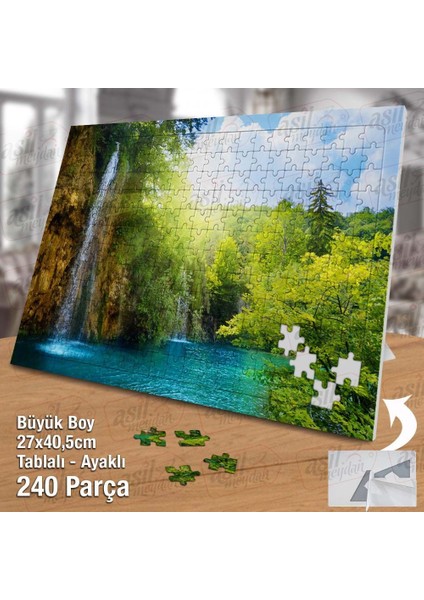 Asil Hobi Şelale - Göl - Güneş- Manzara - Ağaçlar Yapboz -Ayak Destekli Çerçeveli 240 Parça Puzzle