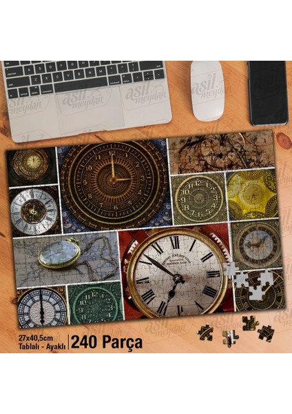 Asil Hobi Eski Saatler - Kolaj - Zaman Yapboz -Ayak Destekli Çerçeveli 240 Parça Puzzle