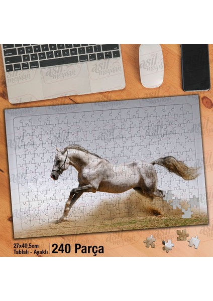 Asil Hobi Koşan Beyaz At - Toz - Hayvan - Doğa Yapboz-Ayak Destekli Çerçeveli 240 Parça Puzzle