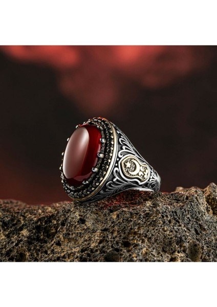 925 Ayar Gümüş Mikro Taşlı Kırmızı Akik Taşlı Ay Yıldız Motifli Erkek Yüzük