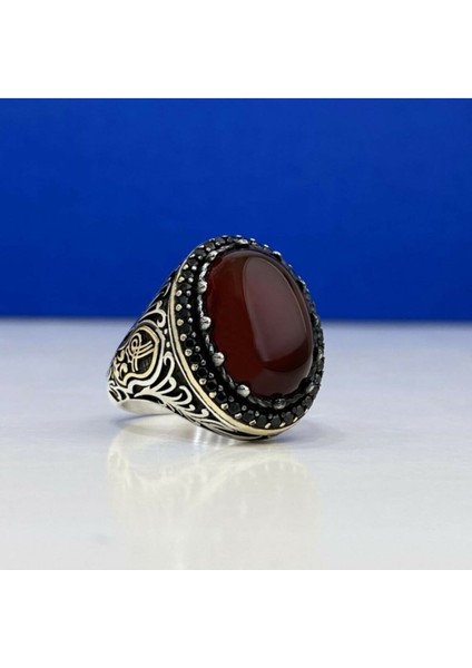 925 Ayar Gümüş Mikro Taşlı Kırmızı Akik Taşlı Ay Yıldız Motifli Erkek Yüzük fiyatları