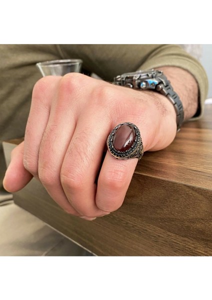 925 Ayar Gümüş Mikro Taşlı Kırmızı Akik Taşlı Ay Yıldız Motifli Erkek Yüzük modelleri