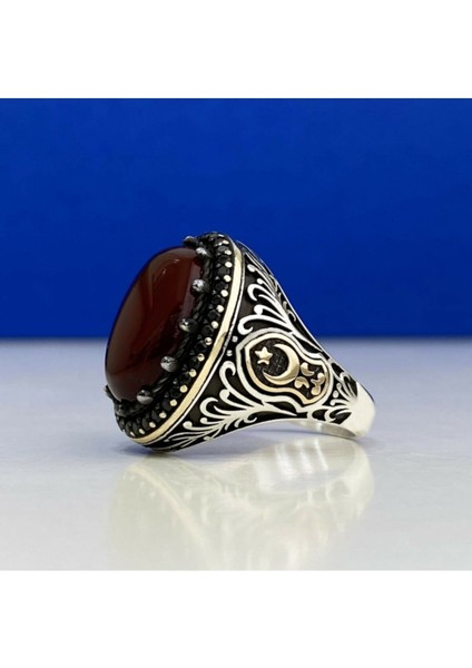 925 Ayar Gümüş Mikro Taşlı Kırmızı Akik Taşlı Ay Yıldız Motifli Erkek Yüzük fırsatları