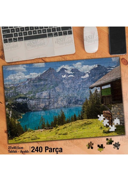 Asil Hobi Karlı Dağlar - Göl - Ağaçlar - Manzara Yapboz- Ayak Destekli Çerçeveli 240 Parça Puzzle