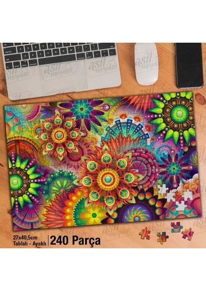Asil Hobi Çiçek Desenli Renkli Figürler - Soyut Yapboz -Ayak Destekli Çerçeveli 240 Parça Puzzle