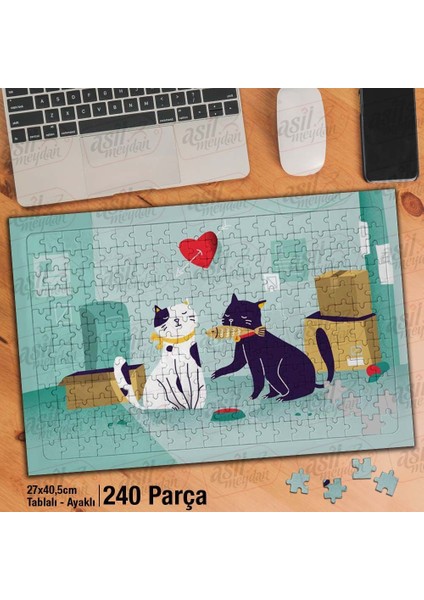 Asil Hobi Romantik Kediler - Kalp - Balık Yapboz- Ayak Destekli Çerçeveli 240 Parça Puzzle