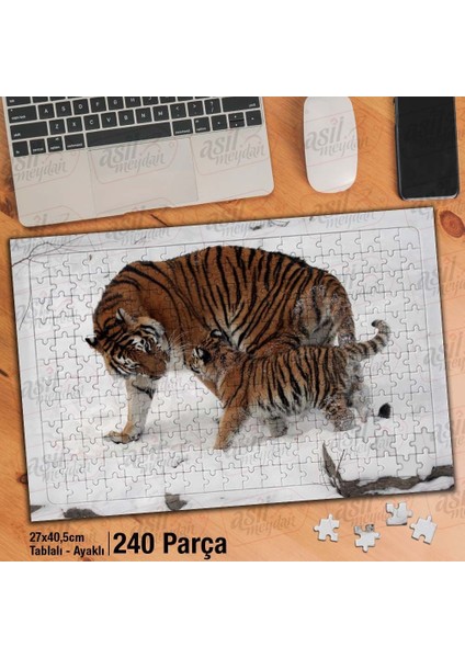 Asil Hobi Anne Kaplan ve Yavru Kaplan - Doğa -Kar Yapboz- Ayak Destekli Çerçeveli 240 Parça Puzzle