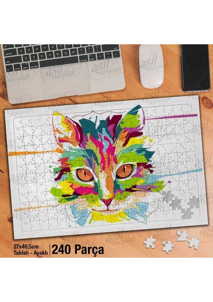 Asil Hobi Renkli Kedi Kafası - Hayvan Yapboz - Ayak Destekli Çerçeveli 240 Parça Puzzle