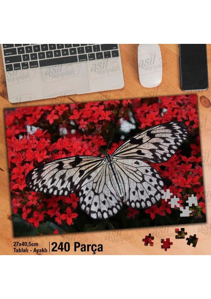 Asil Hobi Kırmızı Çiçekler - Büyük Desenli Kelebek Yapboz -Ayak Destekli Çerçeveli 240 Parça Puzzle