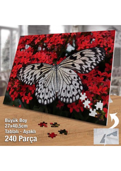 Asil Hobi Kırmızı Çiçekler - Büyük Desenli Kelebek Yapboz -Ayak Destekli Çerçeveli 240 Parça Puzzle