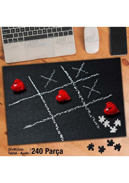 Asil Hobi Üç Taş Oyunu-Kırmızı Kalpler -Aşk Kazandı Yapboz -Ayak Destekli Çerçeveli 240 Parça Puzzle