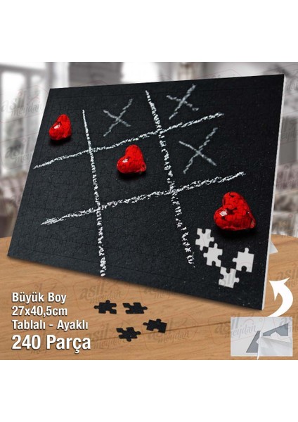 Asil Hobi Üç Taş Oyunu-Kırmızı Kalpler -Aşk Kazandı Yapboz -Ayak Destekli Çerçeveli 240 Parça Puzzle