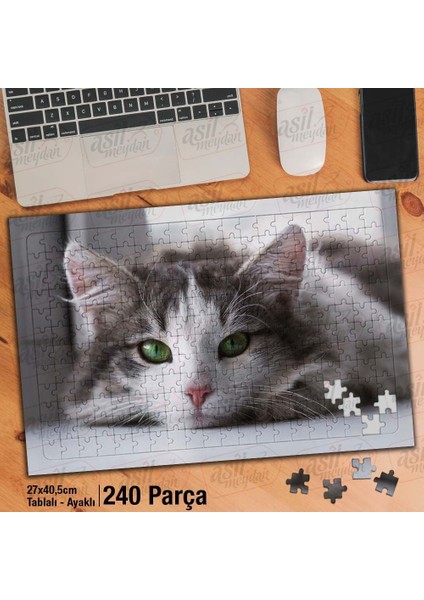 Asil Hobi Yeşil Gözlü - Gri Beyaz Kedi - Hayvan Yapboz - Ayak Destekli Çerçeveli 240 Parça Puzzle