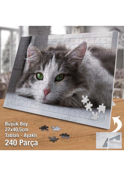Asil Hobi Yeşil Gözlü - Gri Beyaz Kedi - Hayvan Yapboz - Ayak Destekli Çerçeveli 240 Parça Puzzle fiyatları