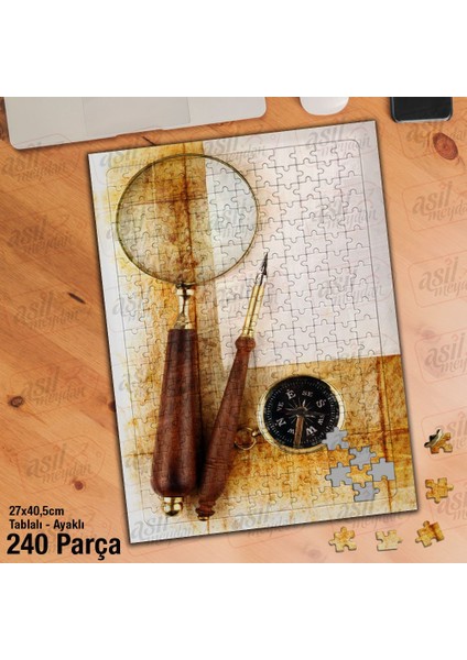 Asil Hobi Pusula-Eski Dokulu Kağıt - Büyüteç -Pusula Yapboz-Ayak Destekli Çerçeveli 240 Parça Puzzle