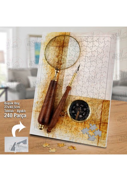 Asil Hobi Pusula-Eski Dokulu Kağıt - Büyüteç -Pusula Yapboz-Ayak Destekli Çerçeveli 240 Parça Puzzle fiyatları