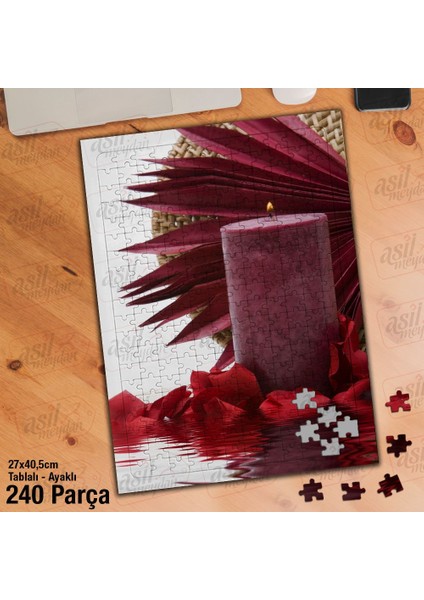 Asil Hobi Mor Mum - Gül Yaprakları - Su - Yansıma Yapboz-Ayak Destekli Çerçeveli 240 Parça Puzzle