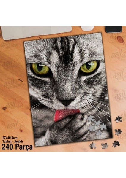 Asil Hobi Gri Tüylü Sevimli Kedi - Hayvan - Tekir Yapboz - Ayak Destekli Çerçeveli 240 Parça Puzzle
