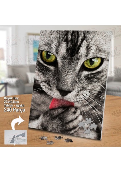 Asil Hobi Gri Tüylü Sevimli Kedi - Hayvan - Tekir Yapboz - Ayak Destekli Çerçeveli 240 Parça Puzzle fiyatları