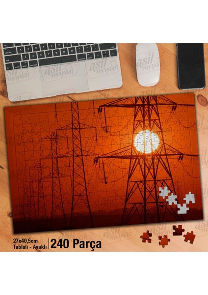 Asil Hobi Yüksek Gerilim Enerji Direkleri-Gün Batımı Yapboz-Ayak Destekli Çerçeveli 240 Parça Puzzle