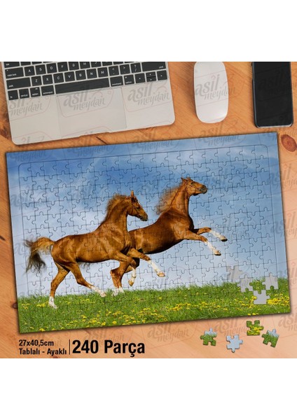 Asil Hobi Kahverengi Sevimli Iki At - Doğa -Hayvan Yapboz - Ayak Destekli Çerçeveli 240 Parça Puzzle