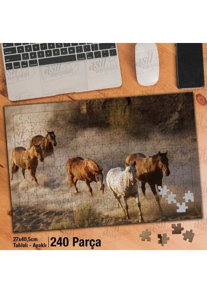 Asil Hobi At Sürüsü - Toz - Sevimli Hayvanlar Yapboz-Ayak Destekli Çerçeveli 240 Parça Puzzle