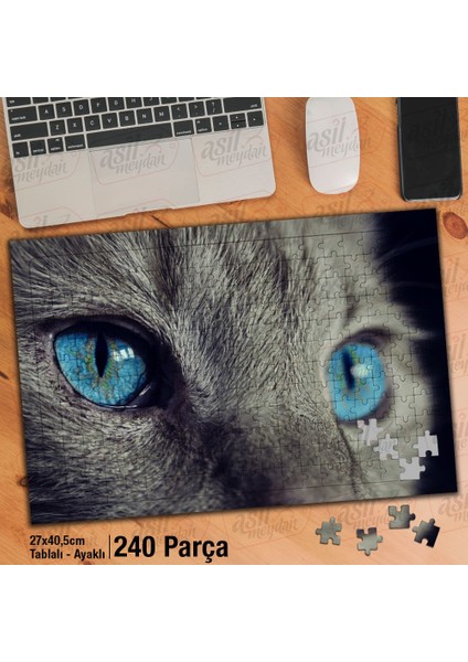 Asil Hobi Mavi Gözlü Kedi - Yakın Çekim -Hayvan Yapboz -Ayak Destekli Çerçeveli 240 Parça Puzzle
