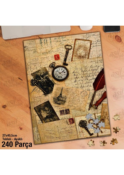Asil Hobi Saat - Anahtar - Mektuplar -Nostalji Yapboz -Ayak Destekli Çerçeveli 240 Parça Puzzle