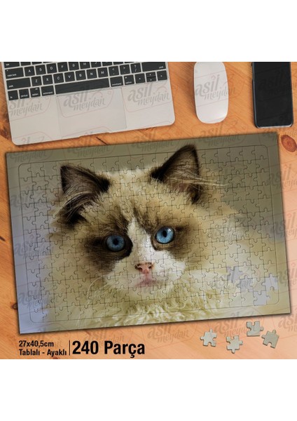 Asil Hobi Mavi Gözlü Sevimli Beyaz Kedi - Hayvan Yapboz -Ayak Destekli Çerçeveli 240 Parça Puzzle