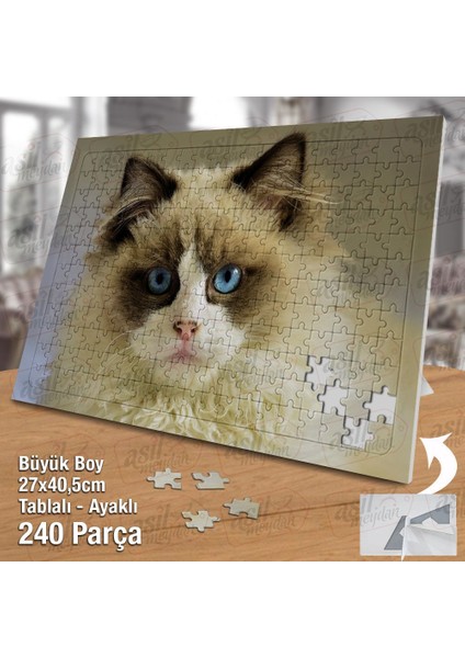 Asil Hobi Mavi Gözlü Sevimli Beyaz Kedi - Hayvan Yapboz -Ayak Destekli Çerçeveli 240 Parça Puzzle fiyatları