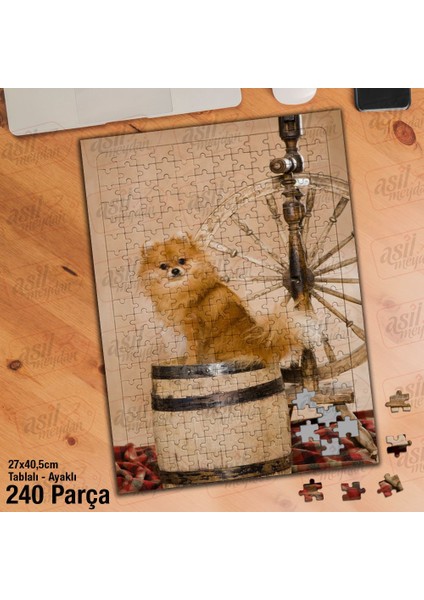 Asil Hobi Fıçı Üstündeki Sevimli Köpek - Hayvan Yapboz - Ayak Destekli Çerçeveli 240 Parça Puzzle