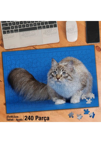 Asil Hobi Mavi Zemin Üzerinde Sevimli Kedi - Hayvan Yapboz-Ayak Destekli Çerçeveli 240 Parça Puzzle