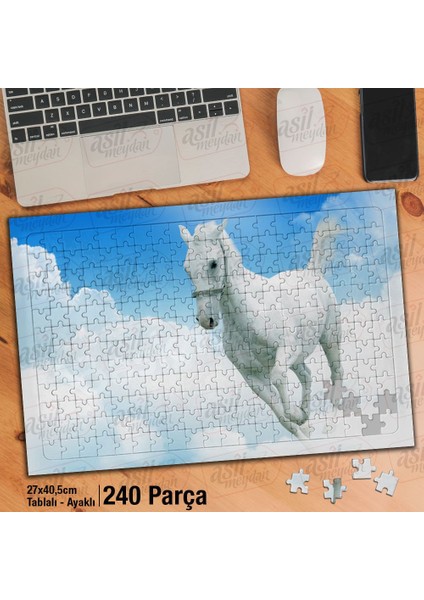 Asil Hobi Gökyüzü - Bulutlar - Beyaz At - Hayvan Yapboz-Ayak Destekli Çerçeveli 240 Parça Puzzle