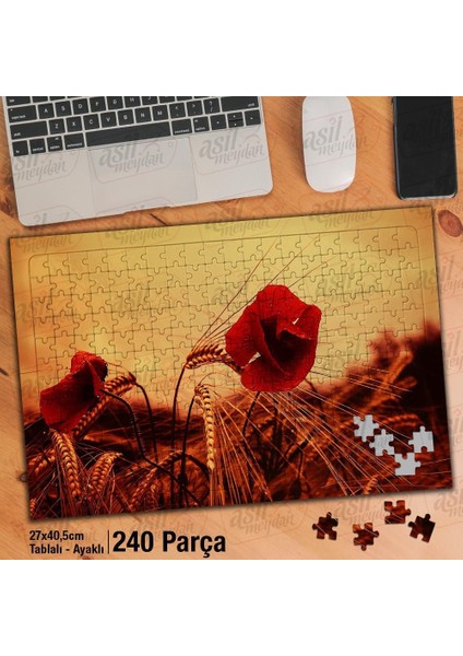 Asil Hobi Kırmızı Gelincik - Çiçek - Buğday Yapboz -Ayak Destekli Çerçeveli 240 Parça Puzzle