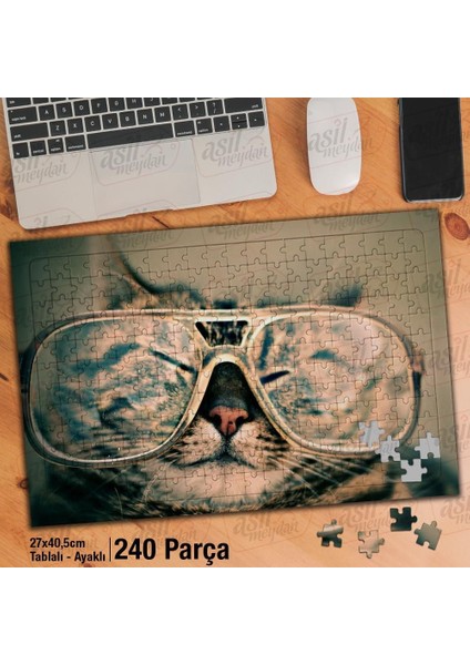Asil Hobi Kocaman Gözlüklü Kedi - Sevimli Hayvan Yapboz -Ayak Destekli Çerçeveli 240 Parça Puzzle