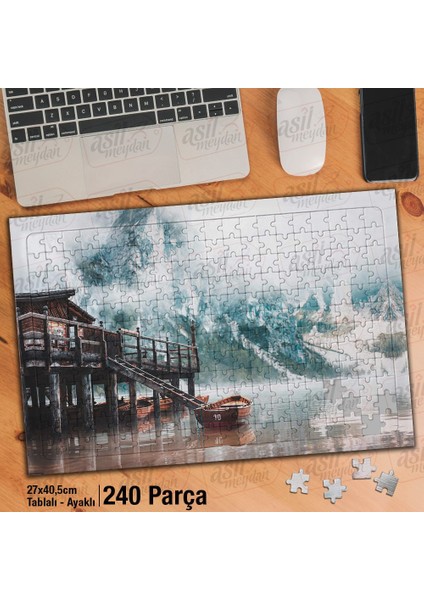 Asil Hobi - Sisli Dağ- Ahşap Ev - Kayık- Deniz- Manzara - Yapboz - Ayak Destekli 240 Parça Puzzle