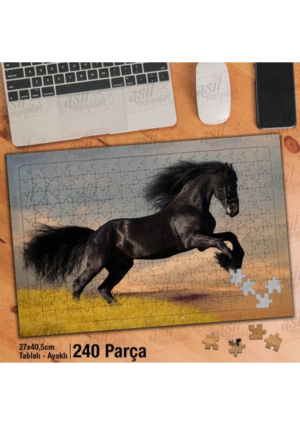 Asil Hobi Şahlanan Siyah At - Doğa - Hayvan Yapboz -Ayak Destekli Çerçeveli 240 Parça Puzzle