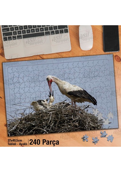Asil Hobi Yavrularını Besleyen Leylek - Hayvan -Doğa Yapboz-Ayak Destekli Çerçeveli 240 Parça Puzzle