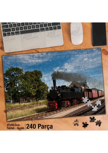 Asil Hobi Ağaçlar -Lokomotif - Tren -Ray- Demir Yolu Yapboz-Ayak Destekli Çerçeveli 240 Parça Puzzle
