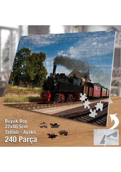 Asil Hobi Ağaçlar -Lokomotif - Tren -Ray- Demir Yolu Yapboz-Ayak Destekli Çerçeveli 240 Parça Puzzle