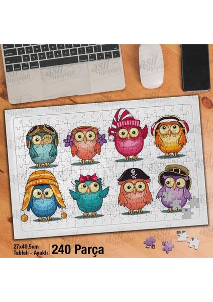 Asil Hobi Renkli Sevimli Baykuş - Hayvan - Çizim Yapboz - Ayak Destekli Çerçeveli 240 Parça Puzzle