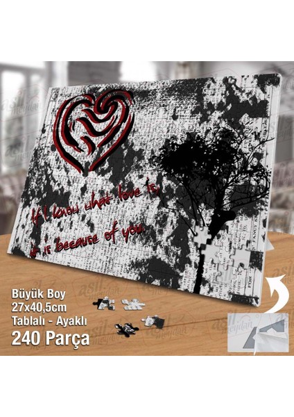 Asil Hobi Aşk - Kalp - Siyah Beyaz - Ağaç Yapboz - Ayak Destekli Çerçeveli 240 Parça Puzzle
