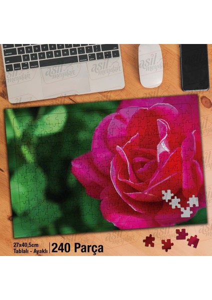 Asil Hobi Pembe Gül - Yeşil Yapraklar - Çiçek Yapboz- Ayak Destekli Çerçeveli 240 Parça Puzzle